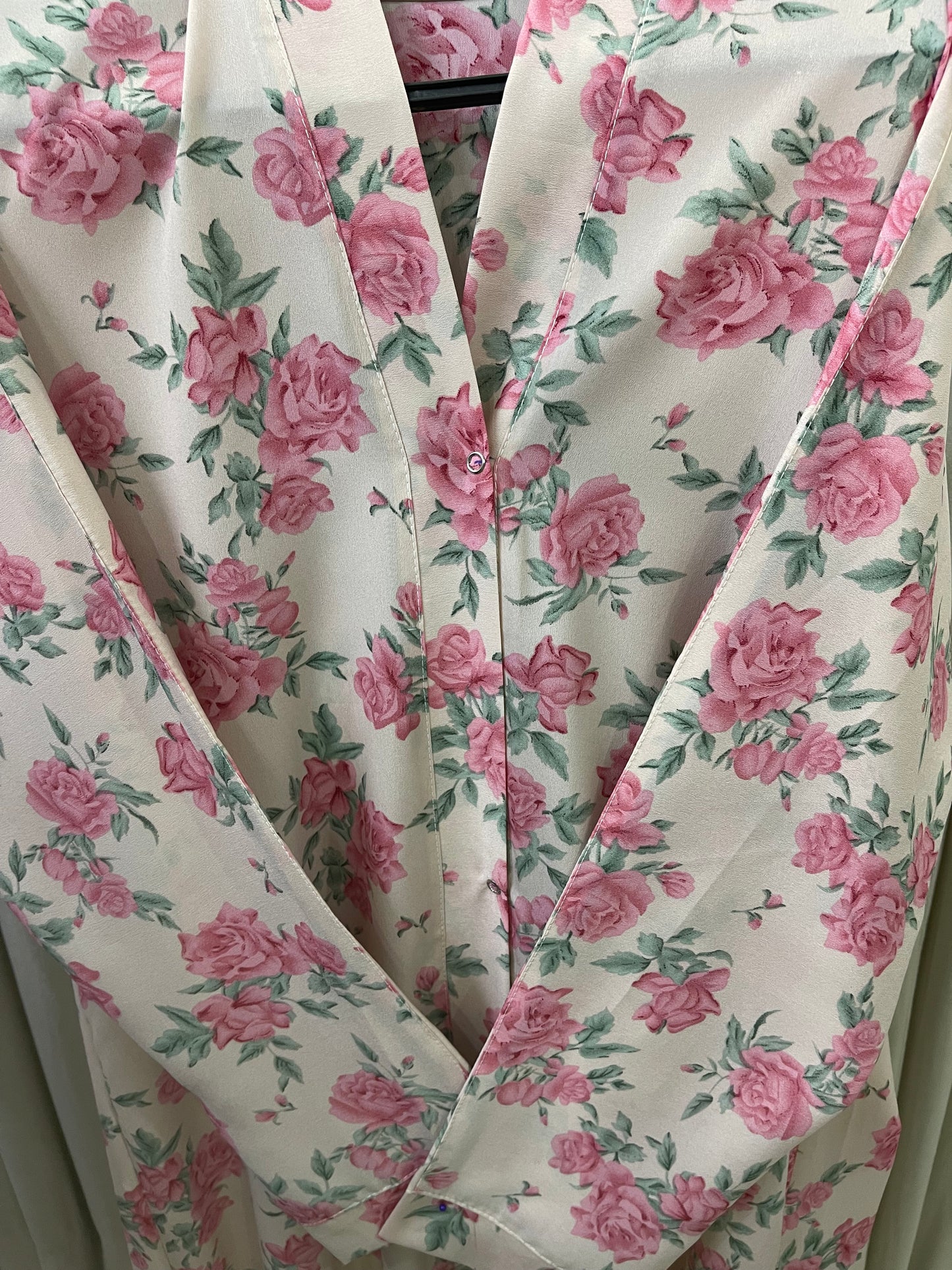 Printed Abaya - White Pink with Mint Pink Flowers