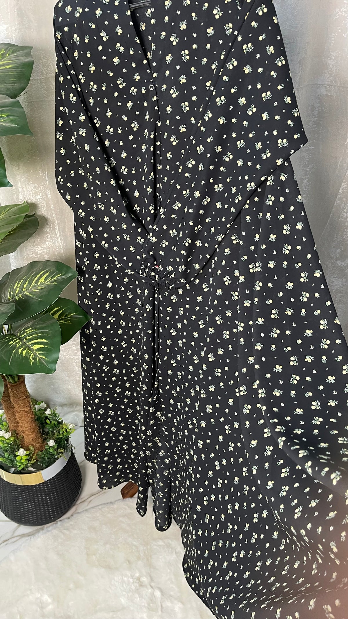 Long Flair Abaya Set - Black With cream