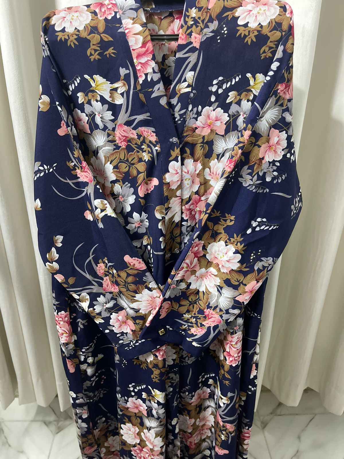 Printed Abaya - Dark blue with pastel flowers