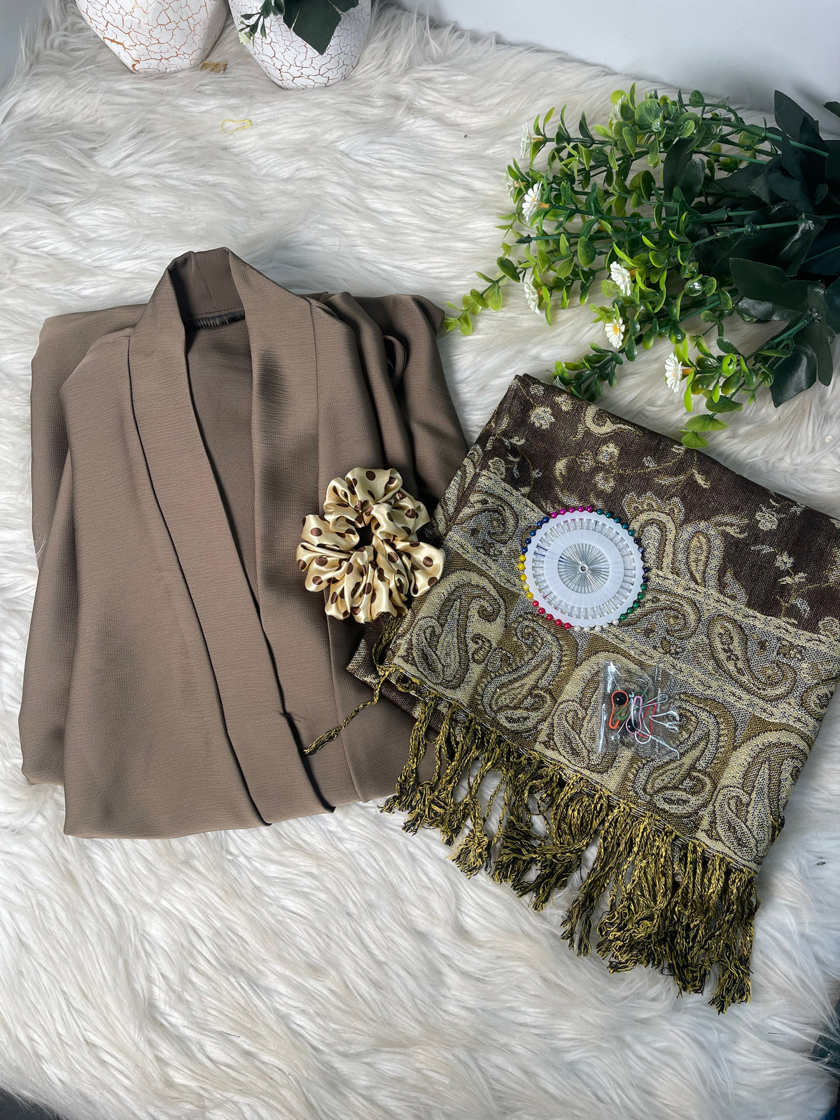 Tiktok Fabric Pashmina Abaya Set - khaki