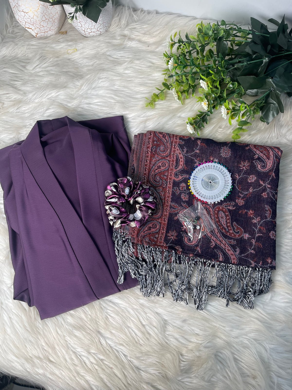 Tiktok Fabric Pashmina Abaya Set - Purple