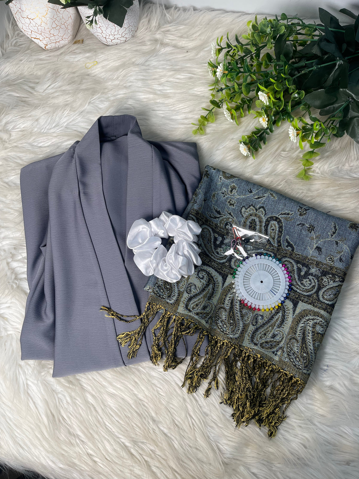 Tiktok Fabric Pashmina Abaya Set - Matte Grey