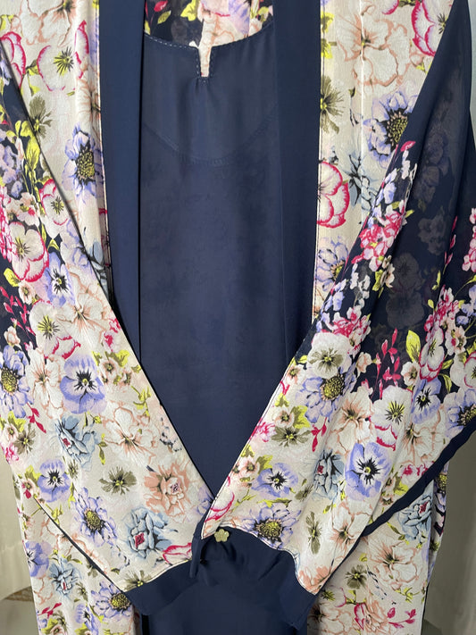 Printed Coat With Plain Inner Abaya With Hijab and Pins