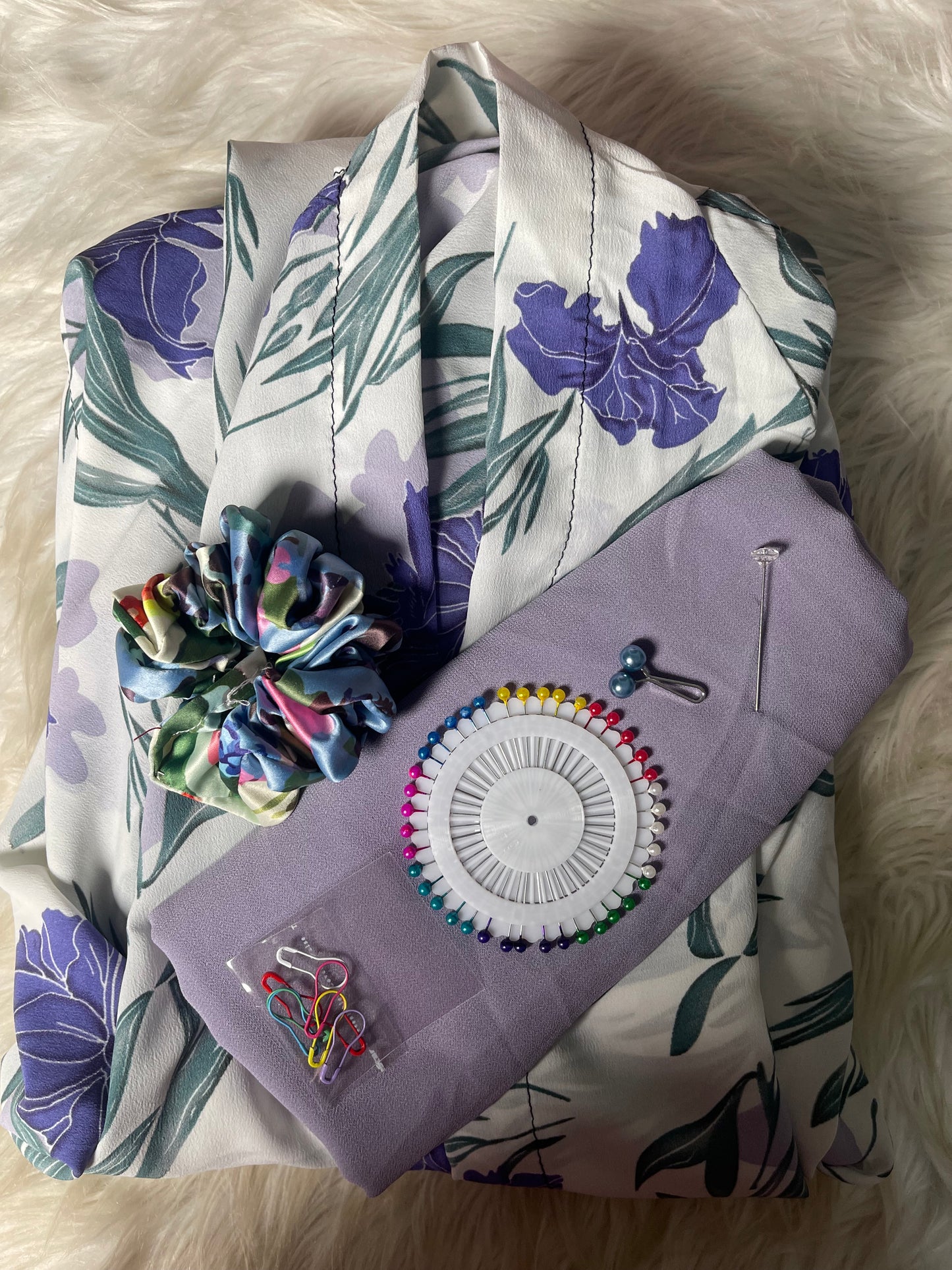 Long Flair Abaya Set -White With Orchid and blue