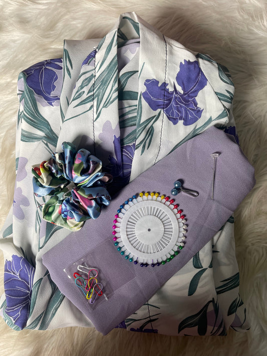 Long Flair Abaya Set -White With Orchid and blue