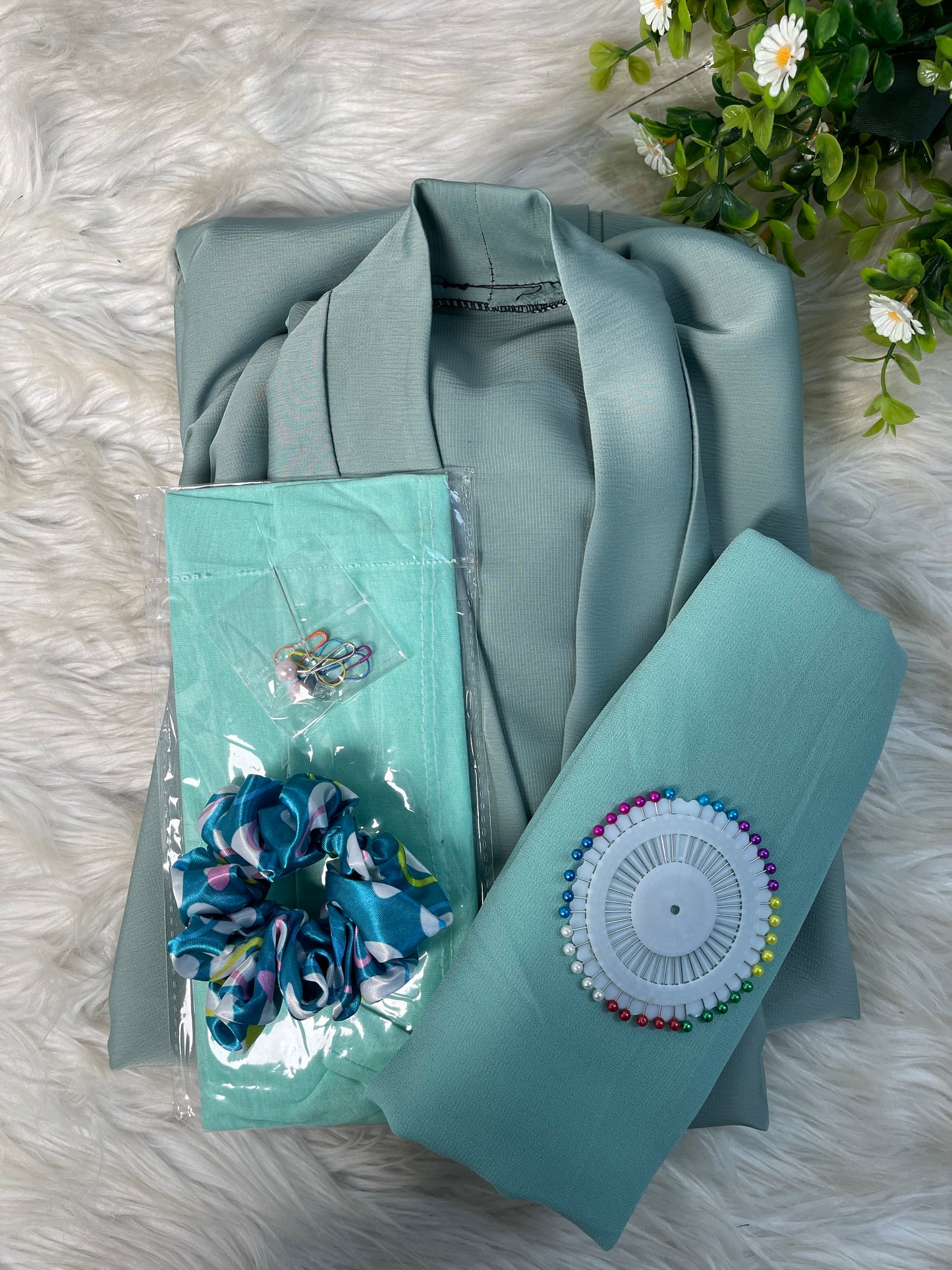 Tiktok Fabric Abaya Set - Turquoise green