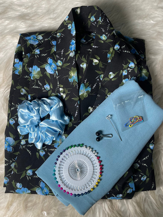 Black with blue green flowers