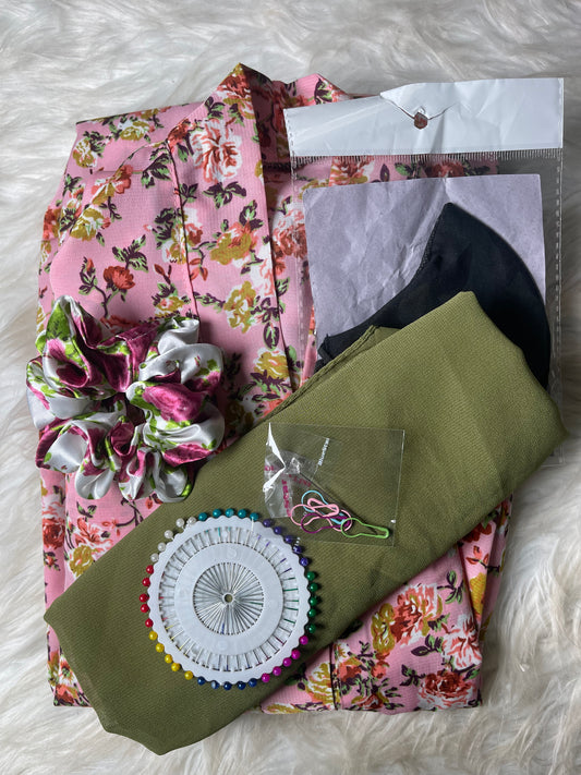 Printed Abaya - Light Pink with peach olive Flowers