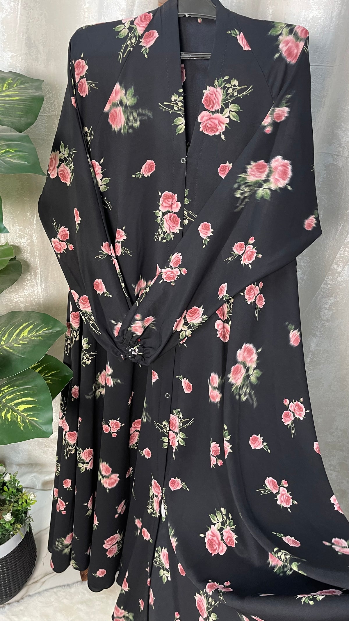 Long Flair Abaya Set - Black With Peach