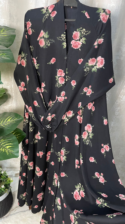 Long Flair Abaya Set - Black With Peach