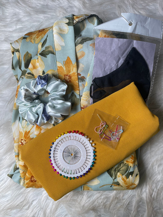 Printed Abaya - Greyish Blue with Mustard or Brown Flowers