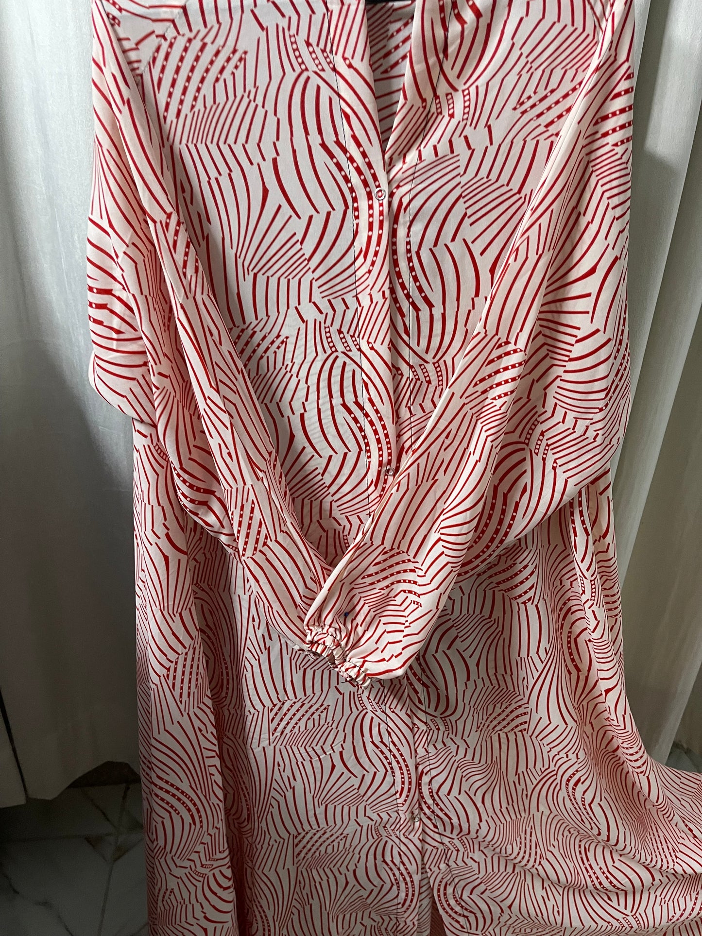 Long Flair Abaya Set - White with red