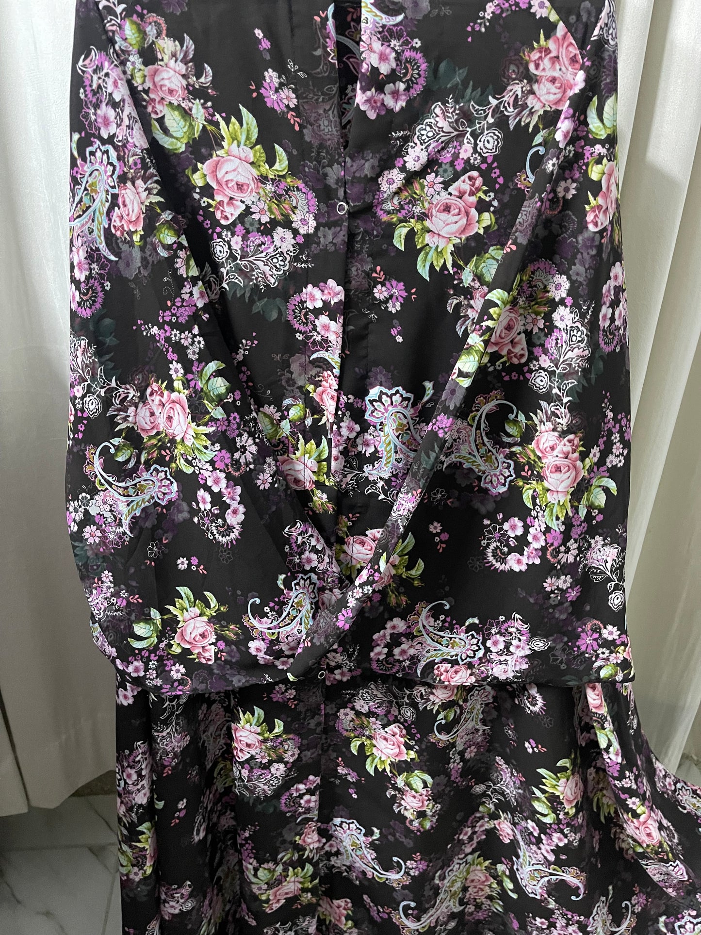 Long Flair Abaya Set -Dark Brown With Pink Flowers
