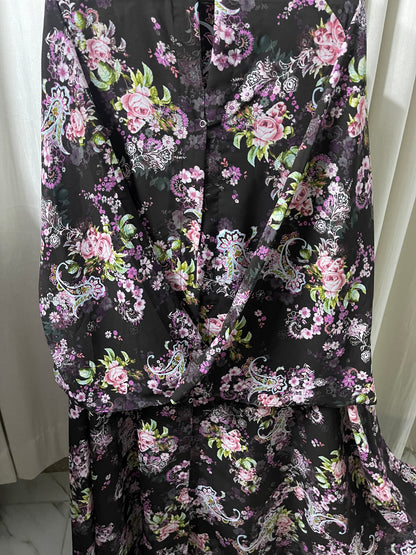 Long Flair Abaya Set -Dark Brown With Pink Flowers