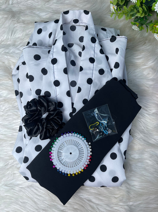 Long Flair Abaya Set - White With Polka