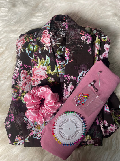 Long Flair Abaya Set -Dark Brown With Pink Flowers