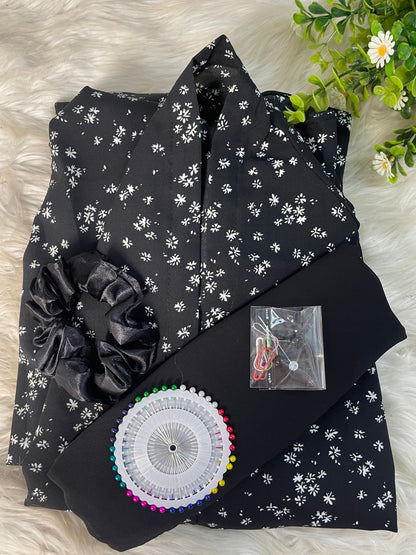 Long Flair Printed - Black with white Flowers