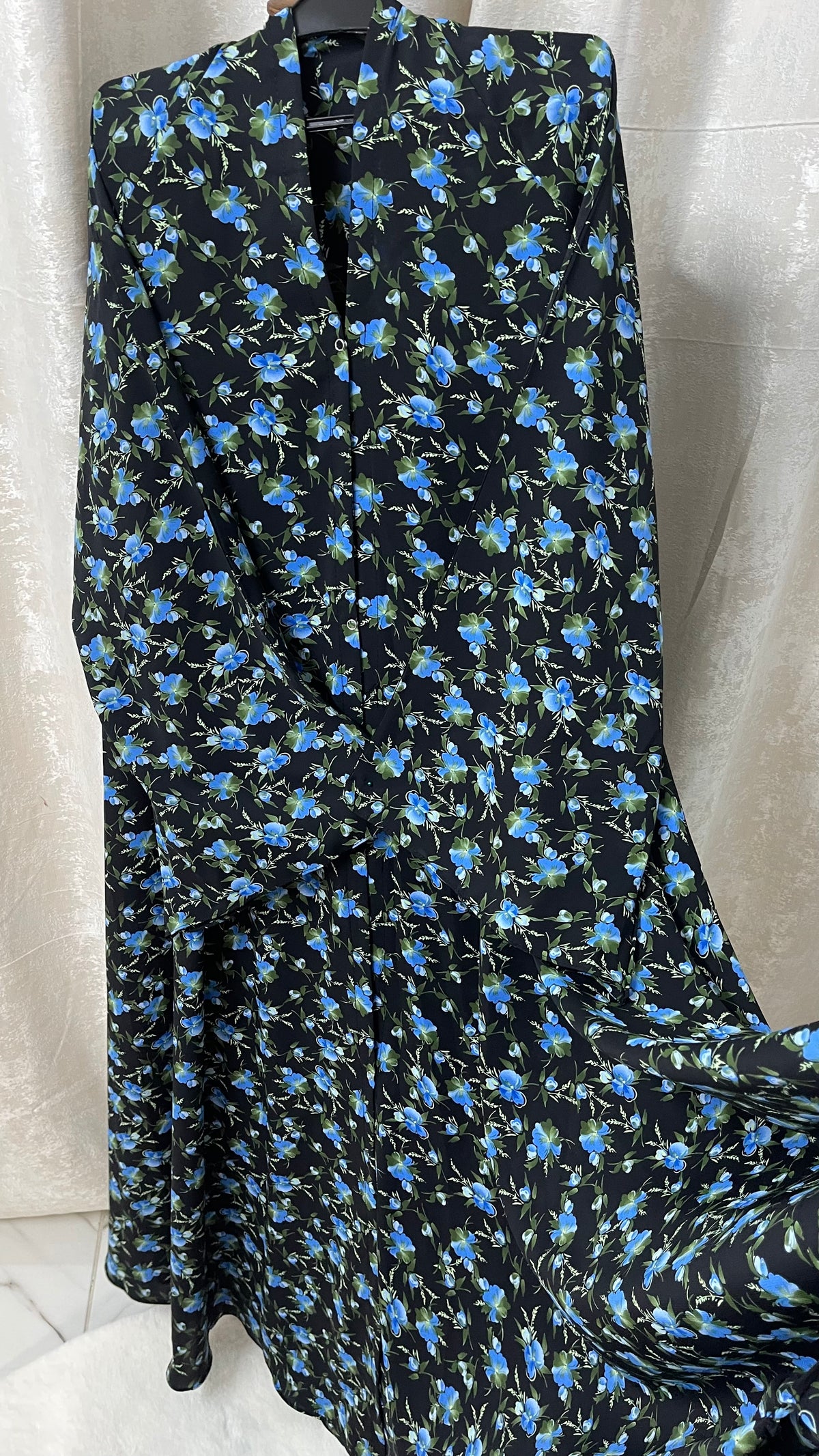 Long Flair Printed - Black With Blue Green Flowers