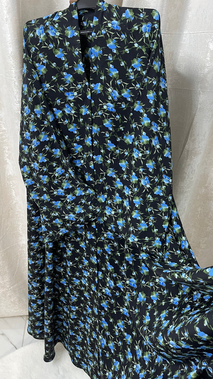 Long Flair Printed - Black With Blue Green Flowers