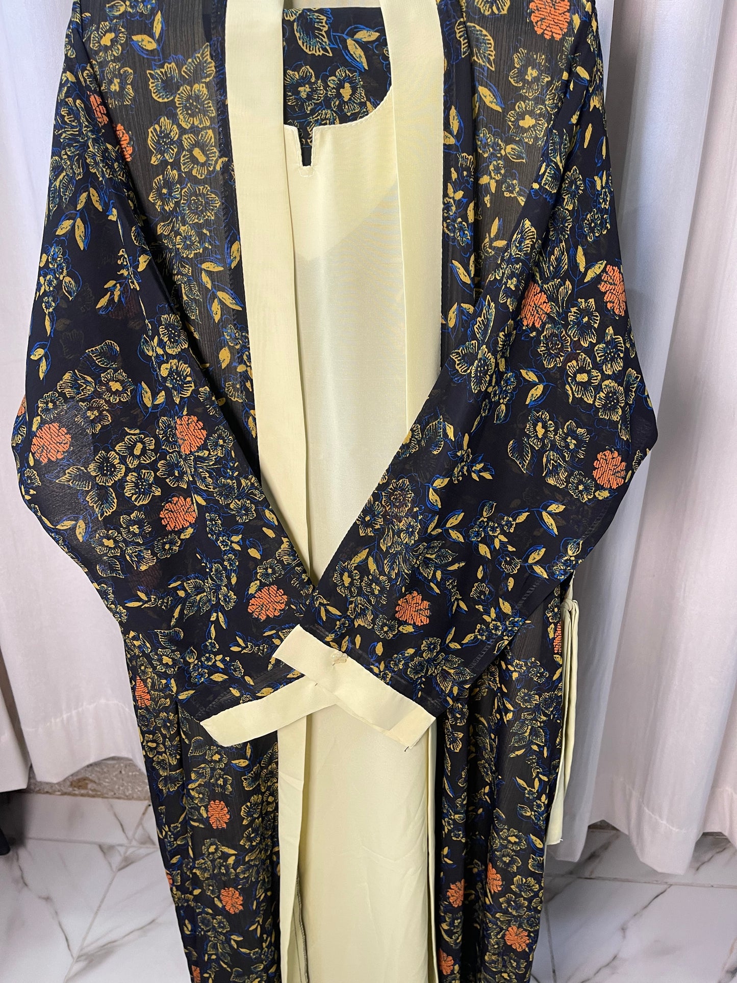 Printed Coat With Plain Inner Abaya With Hijab and Pins