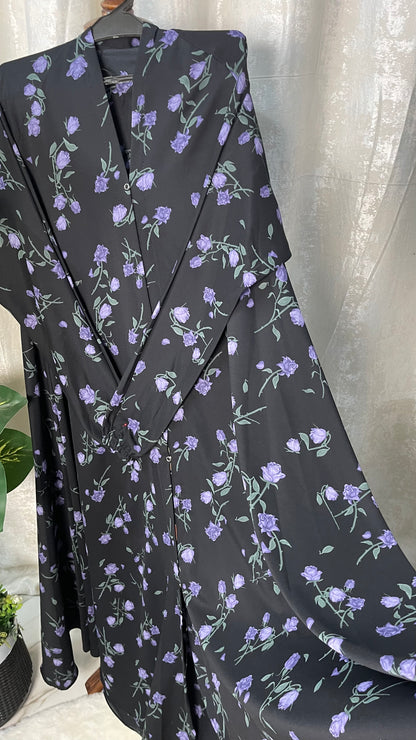 Long Flair Abaya Set - Black With lavendar