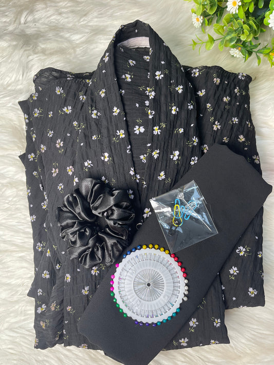 Long Flair Abaya Set - Black With mini flowers (Crinckle fabric)