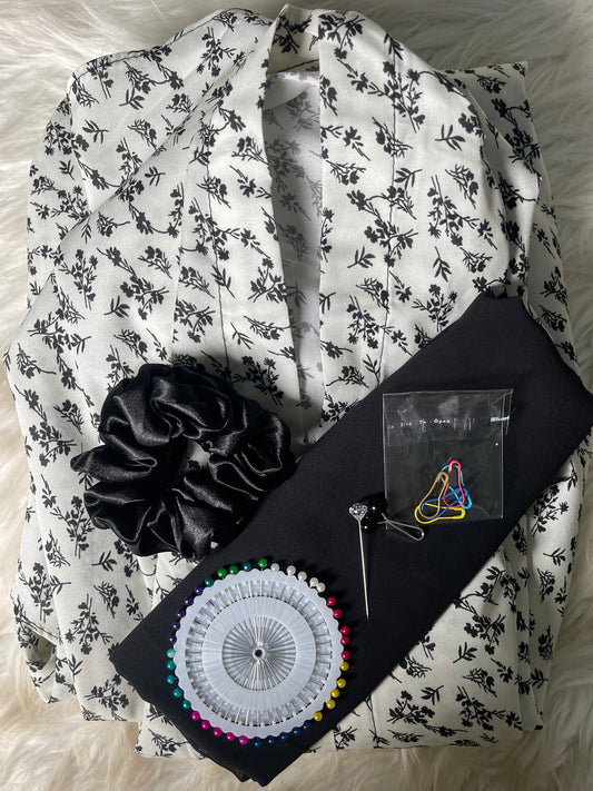 Long Flair Abaya Set -White with Black mini flowers