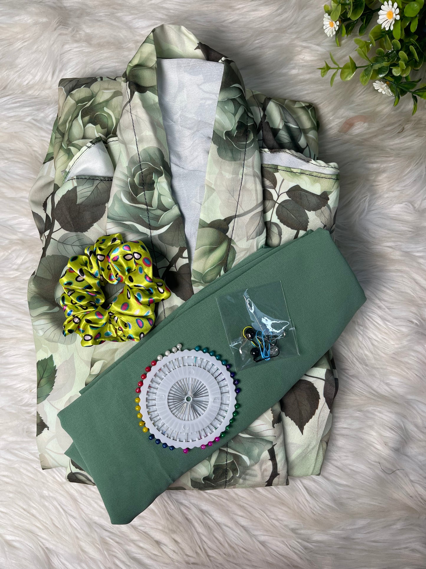 Long Flair Abaya Set - Green Leaves