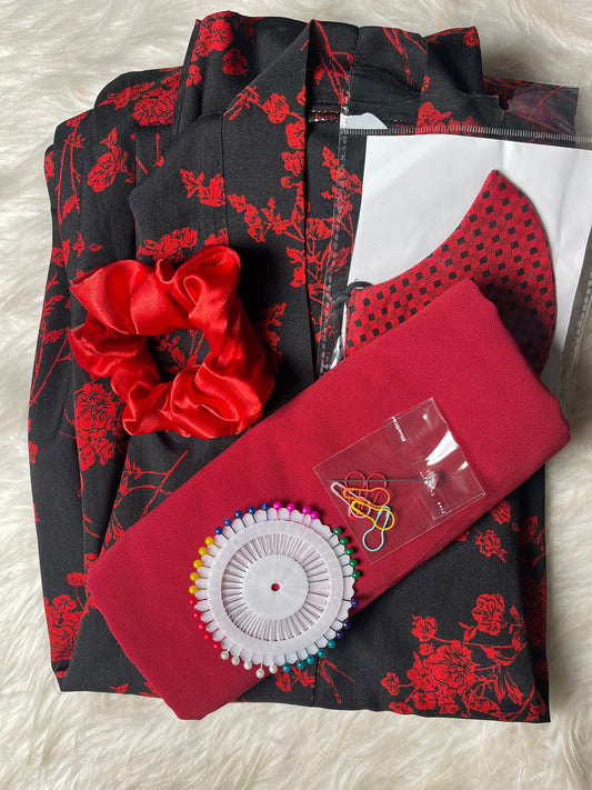 Printed Abaya - Black With Red