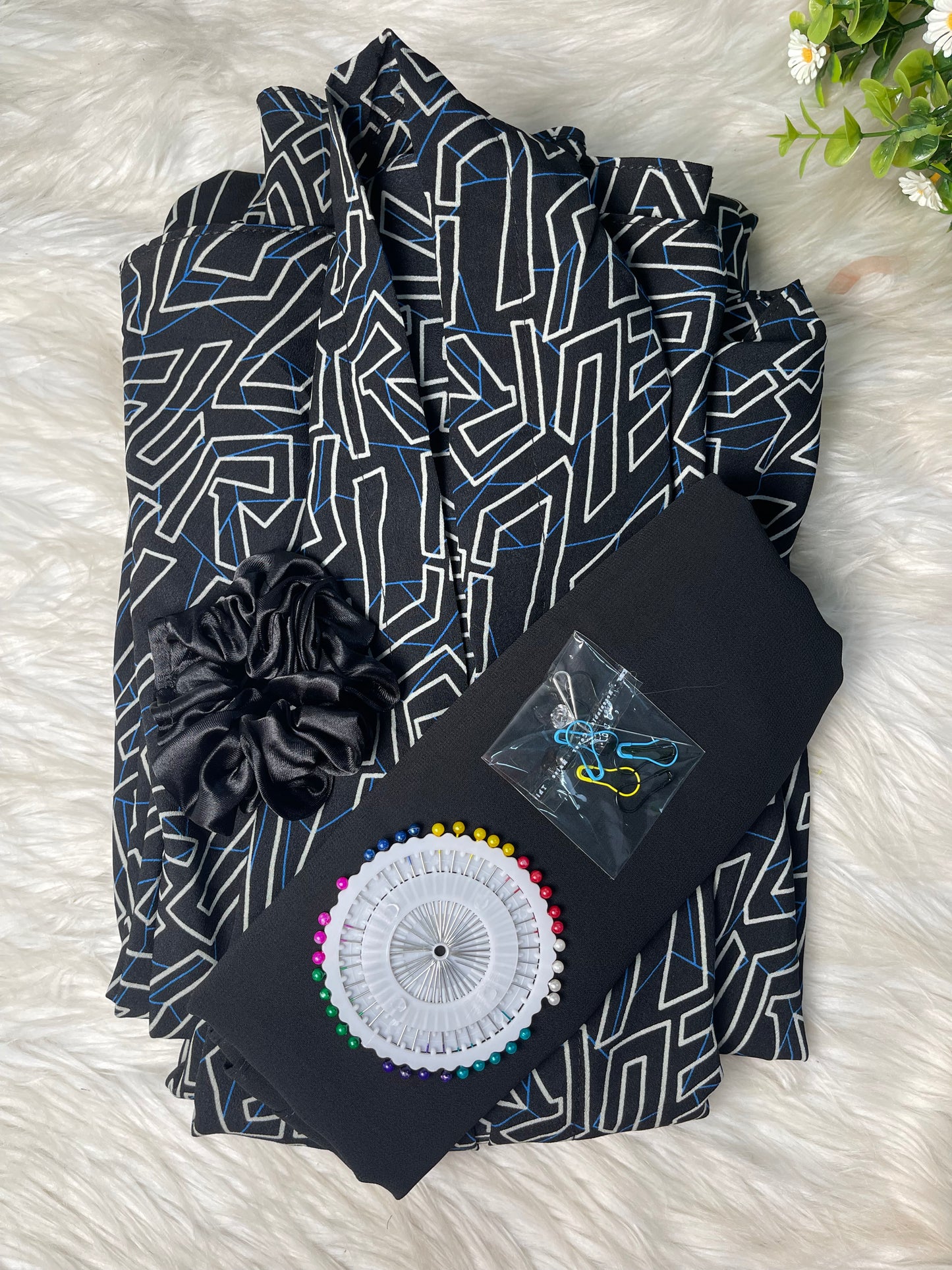 Long Flair Abaya Set - Black with white blue lines