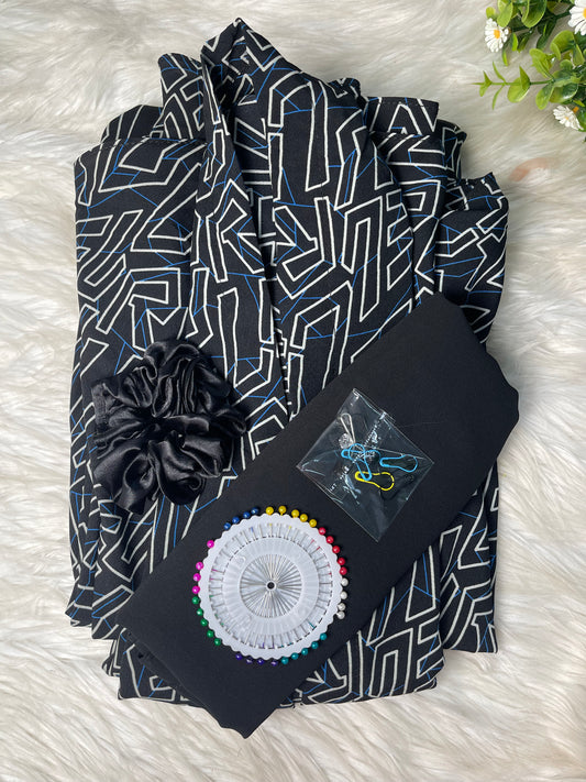 Long Flair Abaya Set - Black with white blue lines