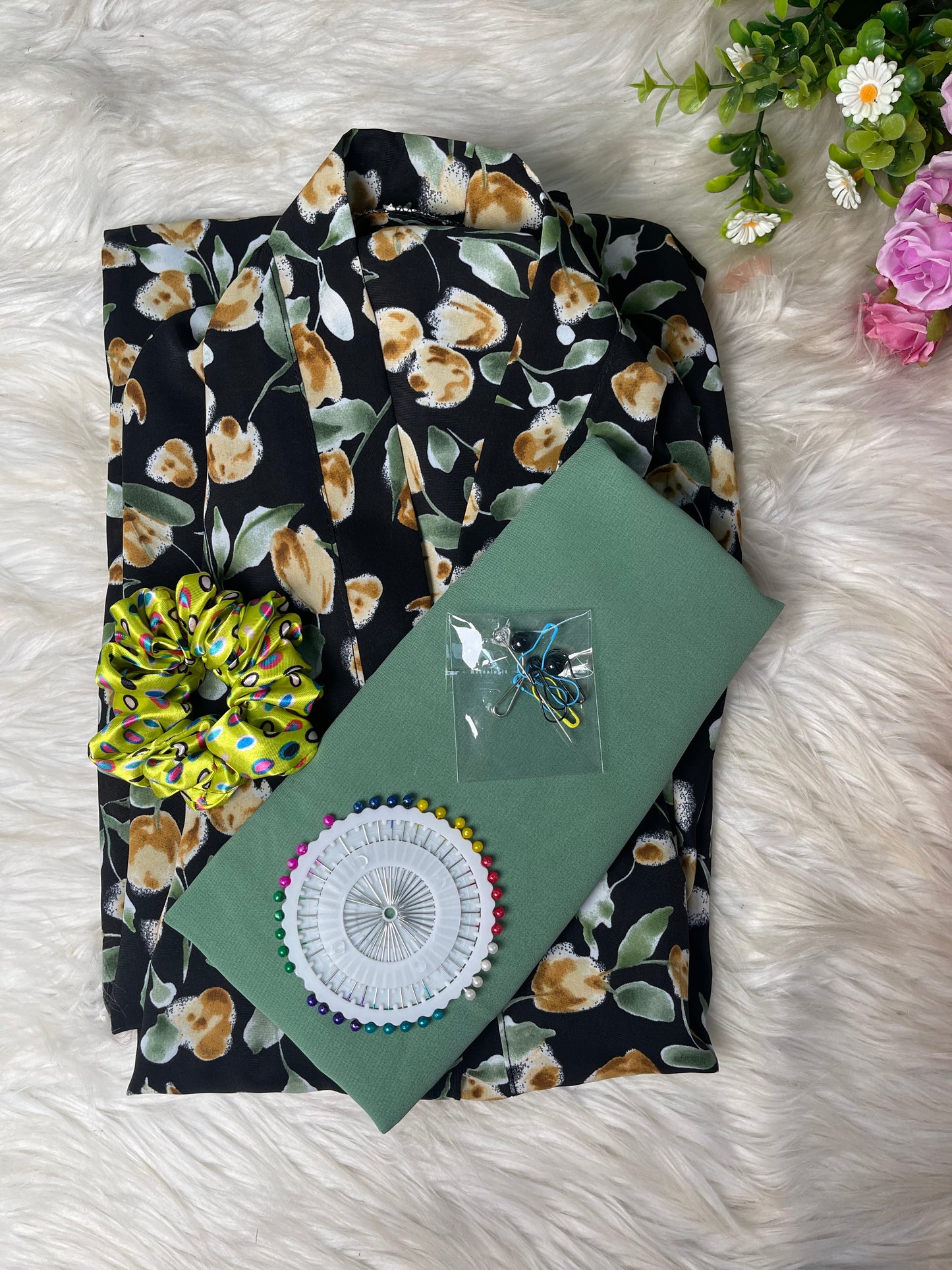 Black With Green Brown Flowers