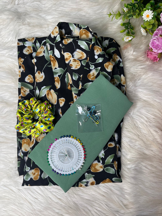Black With Green Brown Flowers