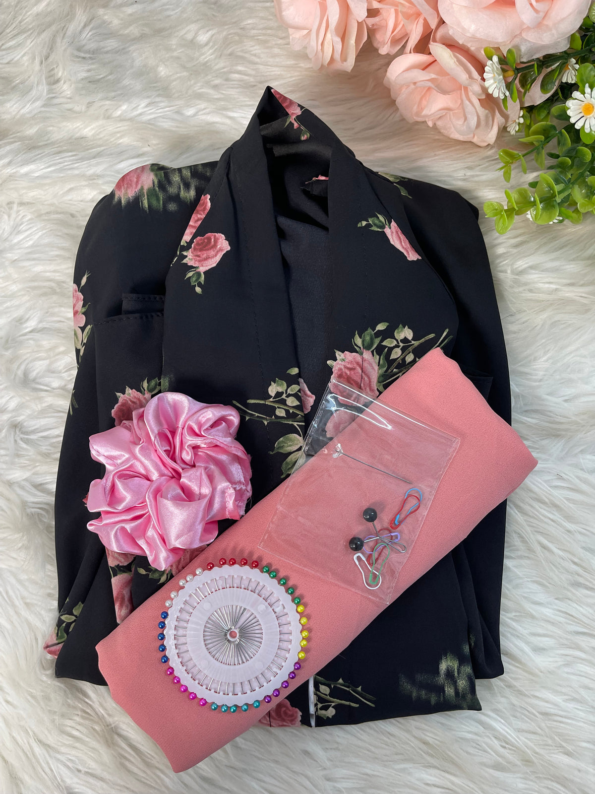 Long Flair Abaya Set - Black With Peach