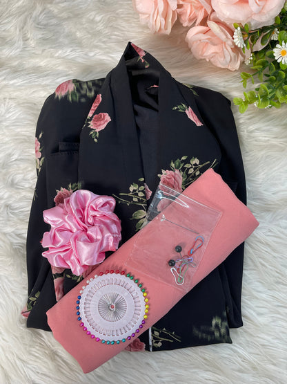Long Flair Abaya Set - Black With Peach