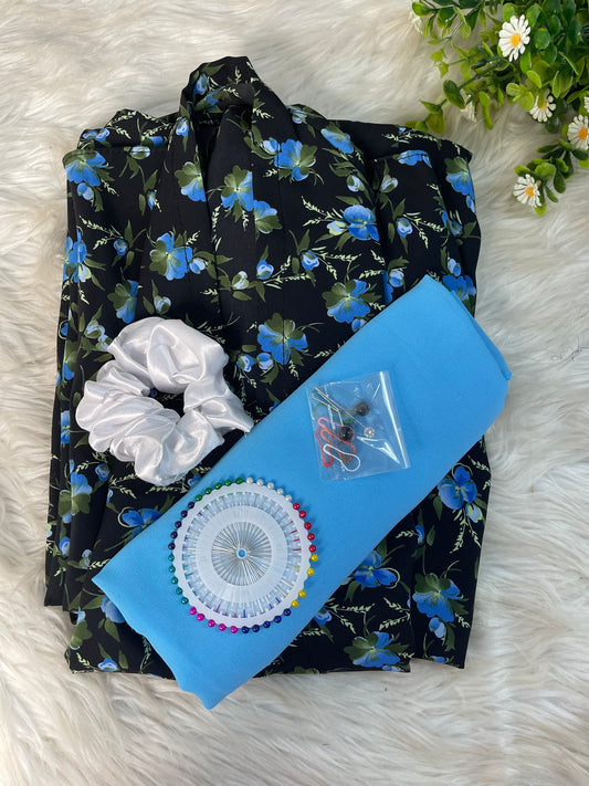 Long Flair Printed - Black With Blue Green Flowers