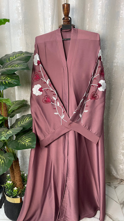 Tiktok Embriodery Abaya Set - Dusty rose With Red