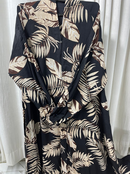 Long Flair Abaya Set - Black with dark brown