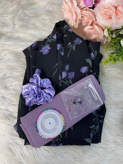 Long Flair Abaya Set - Black With lavendar