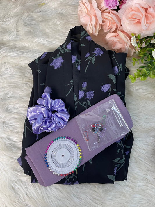 Long Flair Abaya Set - Black With lavendar