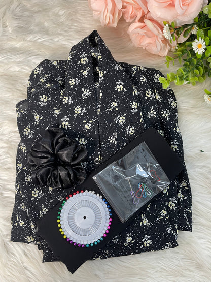 Long Flair Abaya Set - Black With mini flowers