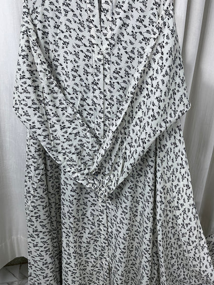 Long Flair Abaya Set -White with Black mini flowers