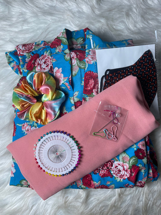 Printed Abaya - Blue with peach pink flowers