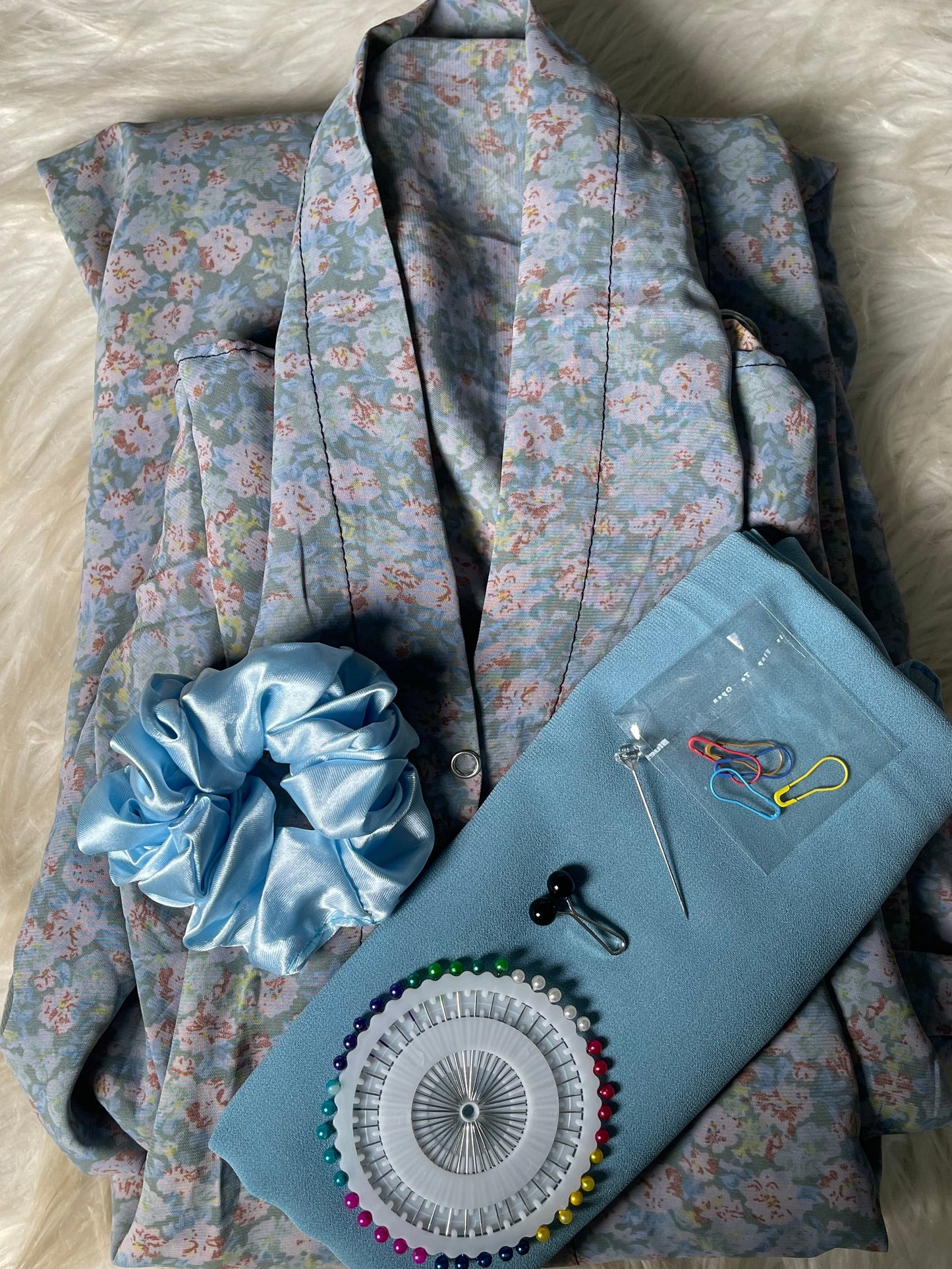 Long Flair Abaya Set - Light Blue with Flowers