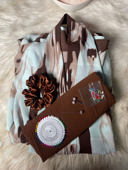 Long Flair Abaya Set - Whitesh Blue with Brown