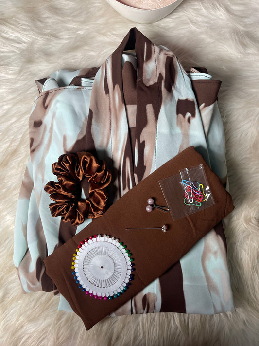 Long Flair Abaya Set - Whitesh Blue with Brown