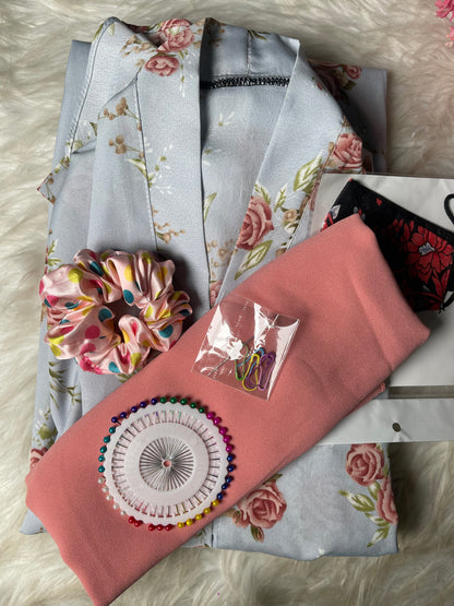 Light Blue with pink flowes
