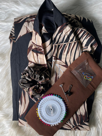 Long Flair Abaya Set - Black with dark brown
