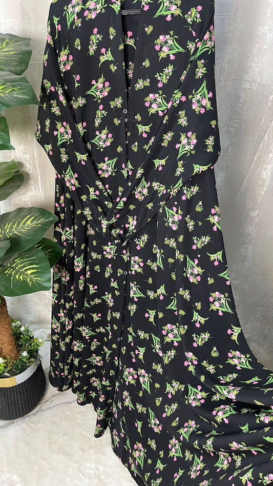 Long Flair Abaya Set - Black with pink flowers