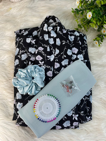 Long Flair Printed - Grey Blue and lilac flowers